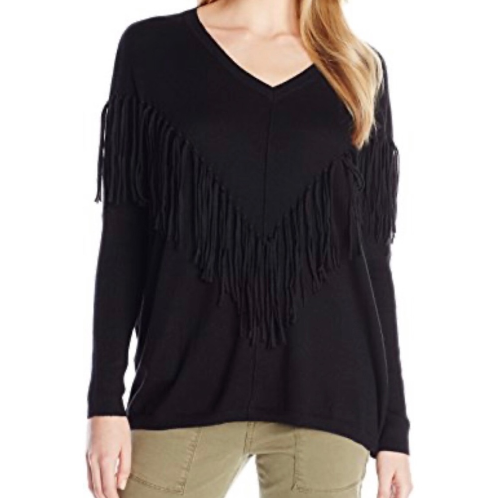 DKNY Jeans Black V-Neck Sweater with Fringe size Extra Large XL